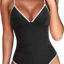 RXRXCOCO Womens One Piece Swimsuits Tummy Control Criss Cross Back Color Block V Neck Bathing Suit (Medium, Black and White)