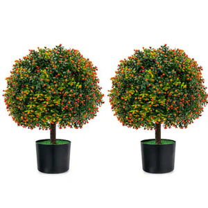 Giegxin 4 Pack 23.6'' Artificial Boxwood Topiary Ball Tree with Orange Fruit, Outdoor Faux Shrubs with Ground Spike No Maintenance Fake Bushes for Home Front Door Porch Fall Winter Garden Yard Decor