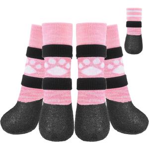 KOOLTAIL Anti Slip Dog Socks to Prevent Licking Paws for Hot/Cold Pavement, Waterproof Long Snow Dog Boots&Paw Protectors with Straps Traction Control for Hardwood Floor for Large Dogs, Pink with Paw Pattern