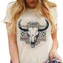 Retro Steer Skull Western T-Shirt Women Vintage Country Music Shirt Cute Cowgirl Graphic Cowboy Tees Tops (Beige, XL)