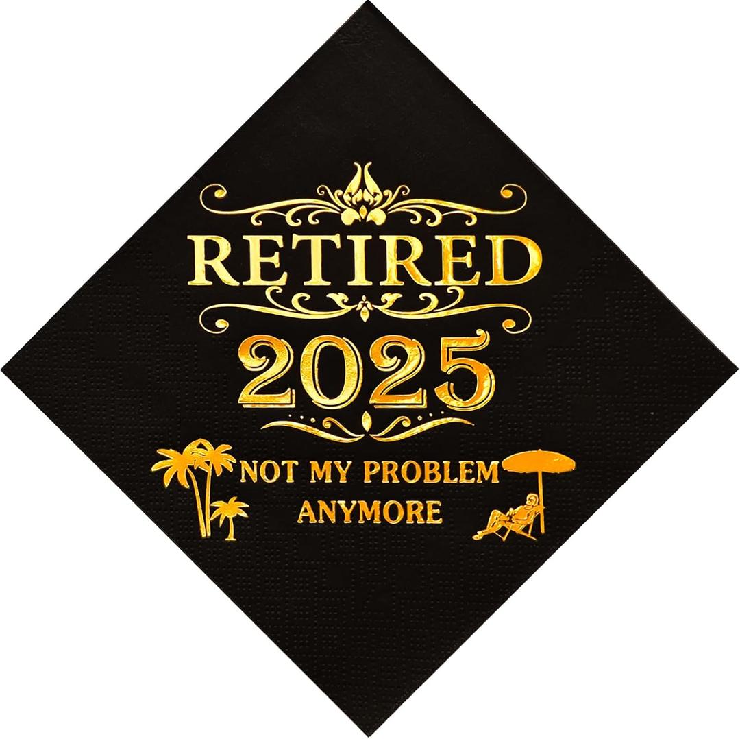 Retirement Party Decoration for Men Women - Retired 2025 ! Happy Retirement Decorations Cocktail Napkins Black 52 Pack,4.9"x 4.9" Folded, Not My Problem Anymore.