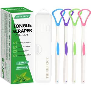 Tongue Scraper Cleaner 100% BPA Free Tongue Scrapers with Travel Handy Case for Adults, Kids, Healthy Oral Care, Easy to Use, Help Fight Bad Breath (4 PACK)