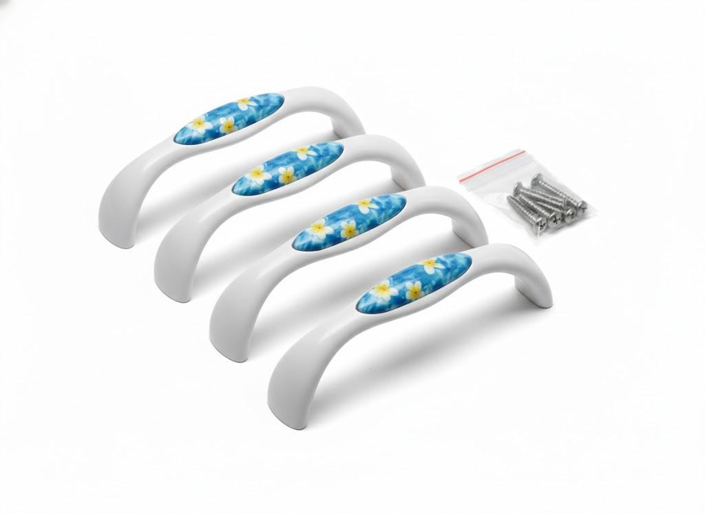 Vintage-Style Floral Cabinet Handles - Set of 4 (White with Blue & Yellow Flowers)
