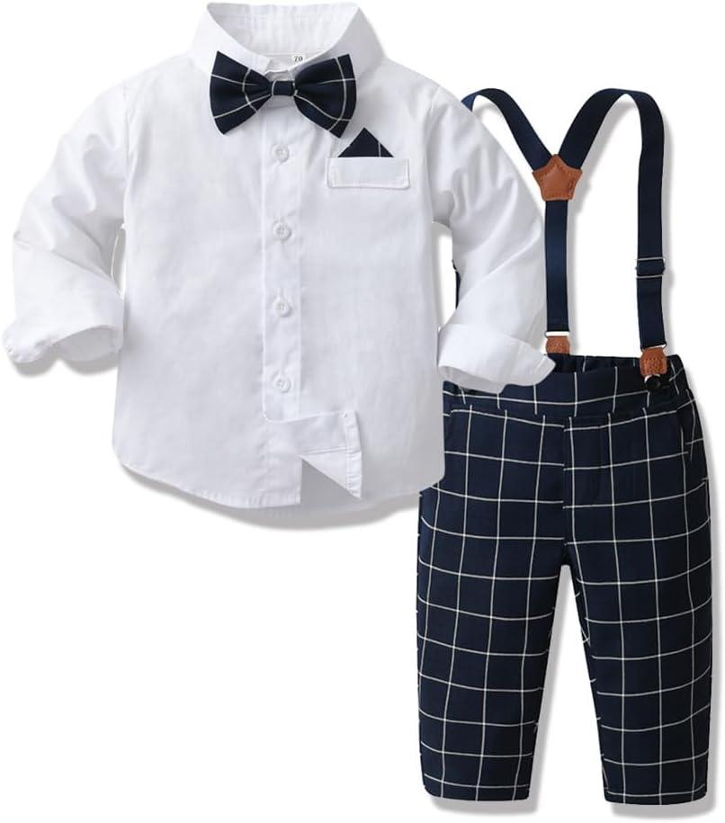 IDOPIP Toddler Kids Baby Boys Formal Suit Gentleman White Shirt with Bowtie + Suspender Shorts Pants Overalls Clothes 6M-5T (12-18 Months, Navy Blue Plaid - Pants)
