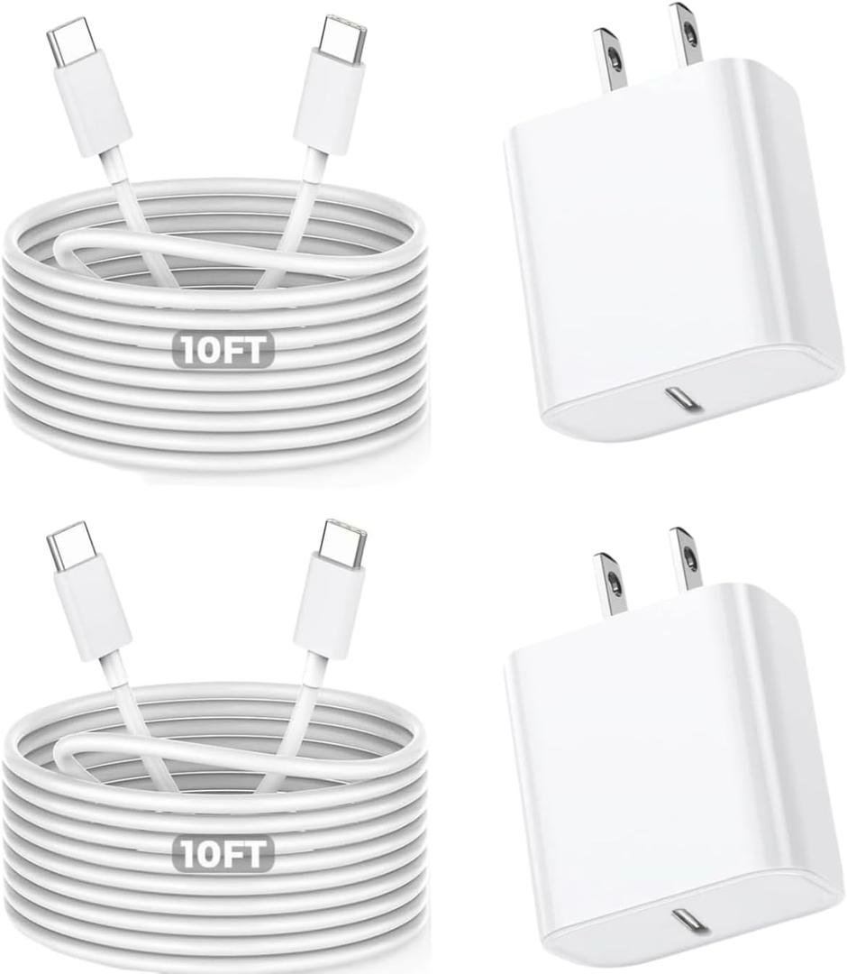 10Foot Fast iPhone Charging Cable,2Pack Super Fast iPhone USB C Wall Charger Block with 10FT USB C-C Charging Cable Type C Apple Adapter for i Phone 17Air/17 Pro/16/16e/16 Pro Max/15/iPad Pro/Air/Mini