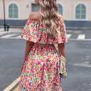 Off Shoulder Boho Floral Swing Mini Dress Summer Strapless Pleated Short Dress (M)
