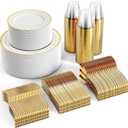 FOCUSLINE 600 Ct Gold Dinnerware Set for 100 Guests - Gold Rimmed Disposable Plastic Plates, Includes 100 Dinner & Salad Plates, Cups, Cutlery Set for Wedding Parties