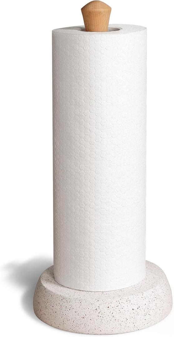Kitchen Paper Towel Holder, Free Standing Cement Base with Beech Wood Rod, Modern Countertop Dispenser for Bathroom & Kitchen