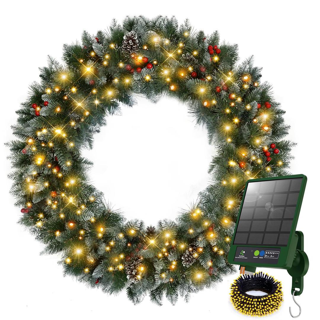 Solar Wreath 60 inch, Outdoor Christmas Wreaths Large with 350 LEDs & 8 Lighting Modes, Lighted Holiday Decorations for Outside