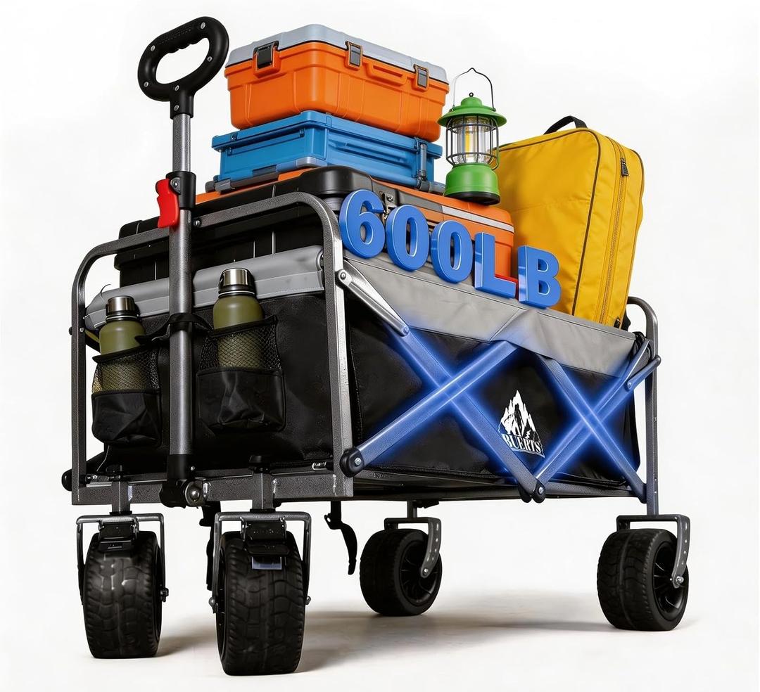 Collapsible Wagon - 600LBS Heavy-Duty Large Capacity Foldable Utility Cart, Oversized All-Terrain Wheels, 3-Second Quick Fold Beach Wagon for Camping, Gardening, Beach & Backcountry TripBLACK