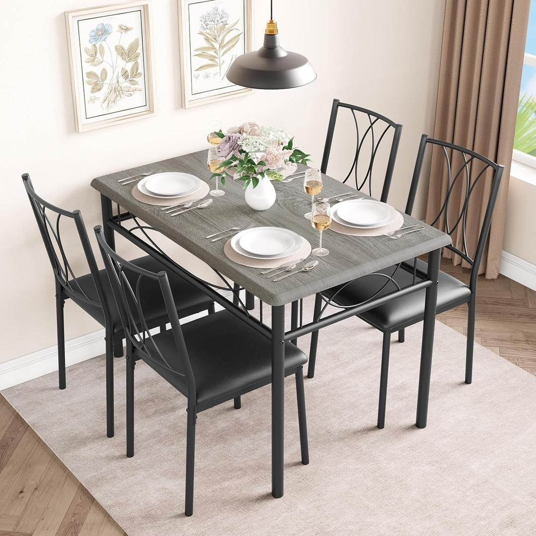 IDEALHOUSE Dining Table Set for 4, Kitchen Table and Chairs for 4, Rectangular Dining Room Table Set with 4 Upholstered Chairs, 5 Piece Dining Table Set for Small Space, Apartment, Rustic Gray