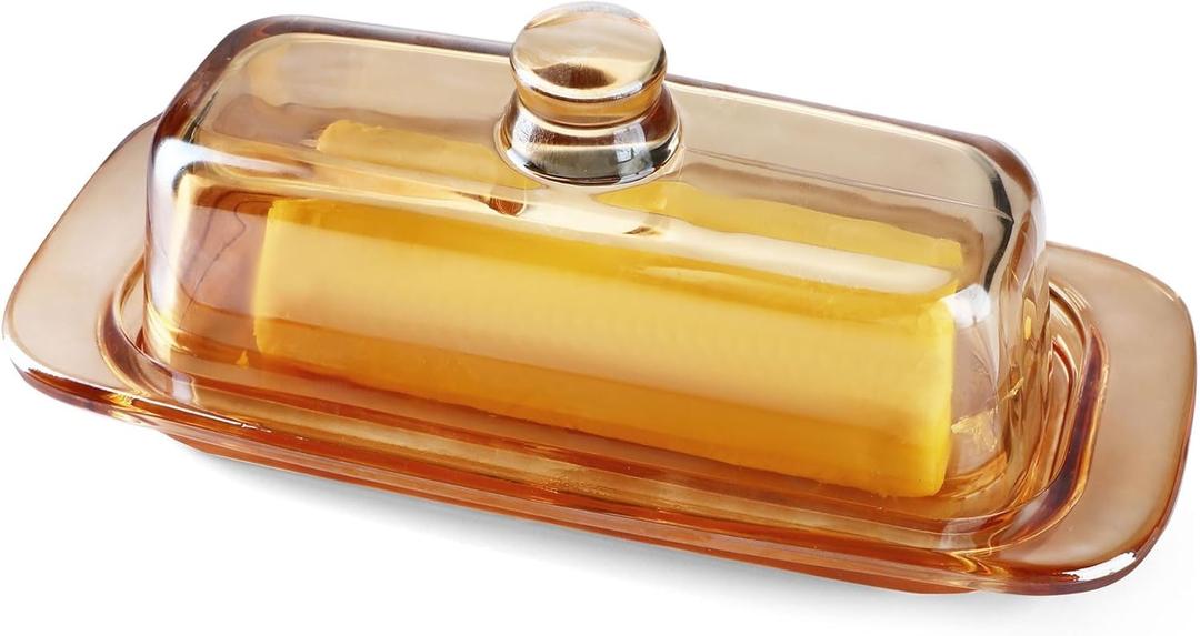 QFkris Champagne Color Glass Butter Dish with Lid, Covered Butter Stick Holder Tray, Crystal Glass Butter Storage Container for Kitchen Countertop