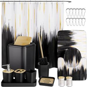 Black Bathroom Accessories Set - 24PCS Bathroom Sets with Shower Curtain and Rugs,Waterproof Black and White Shower Curtain Set, Toilet Brush, Trash Can & Soap Dispenser