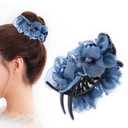 1pc Upscale Hair Claw Clips Hair Jaw Clips Decorated with Gauze Flowers and Pearl Beads for High Hair Bun Holder Hair Accessory for Women Girls (Blue)