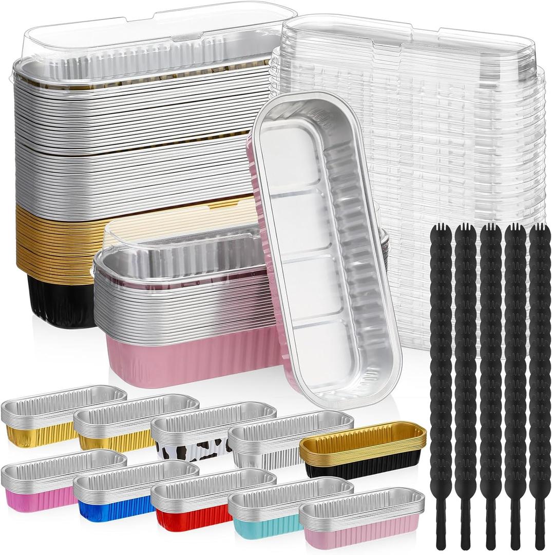 Baderke 100 Pcs Mini Loaf Pans with Lids and Spoons, 6.8oz Rectangular Mini Cake Pans for Baking, Disposable Aluminum Foil Baking Pan Containers for Christmas Cake Brownie Loaf Brownie Muffin