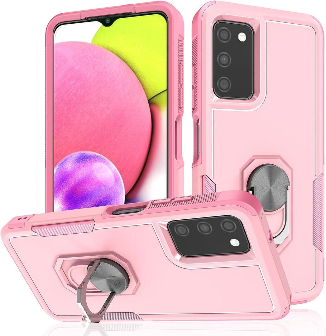 for Galaxy A03s Case: 2 in 1 Shockproof Phone Cover with 360° Rotatable Kickstand Ring - Heavy Duty Drop-Proof Phone Case for Galaxy A03s 6.5" - Pink