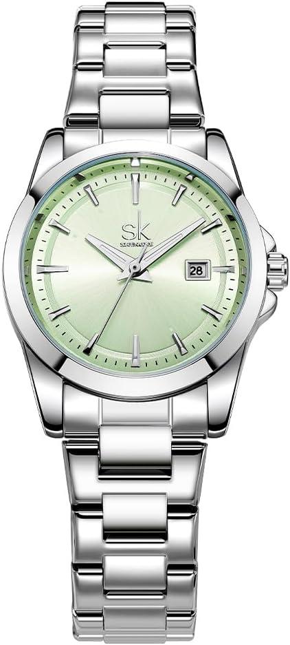 SHENGKE Minimalist Quartz Watches for Women with Date Stainless Steel Bracelet and Fashionable Color Dial