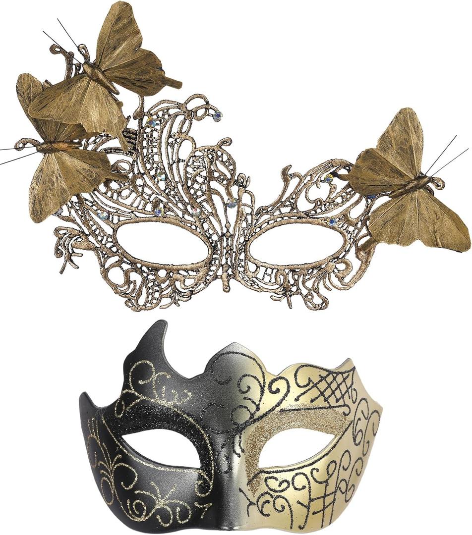 Zinniday Masquerade Masks for Couples - 2 Pcs Feather Butterfly Lace Mask and Plastic 2026 Venetian Masks for Womenb Men (Gold)