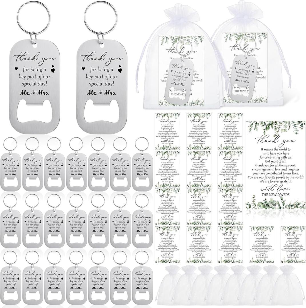 50 Sets Wedding Favors for Guests Include Key Bottle Opener Beer Bottle Opener Keychain Thank You Cards and Organza Bags Bridal Shower Wedding Party Souvenirs Gifts (Thank You)