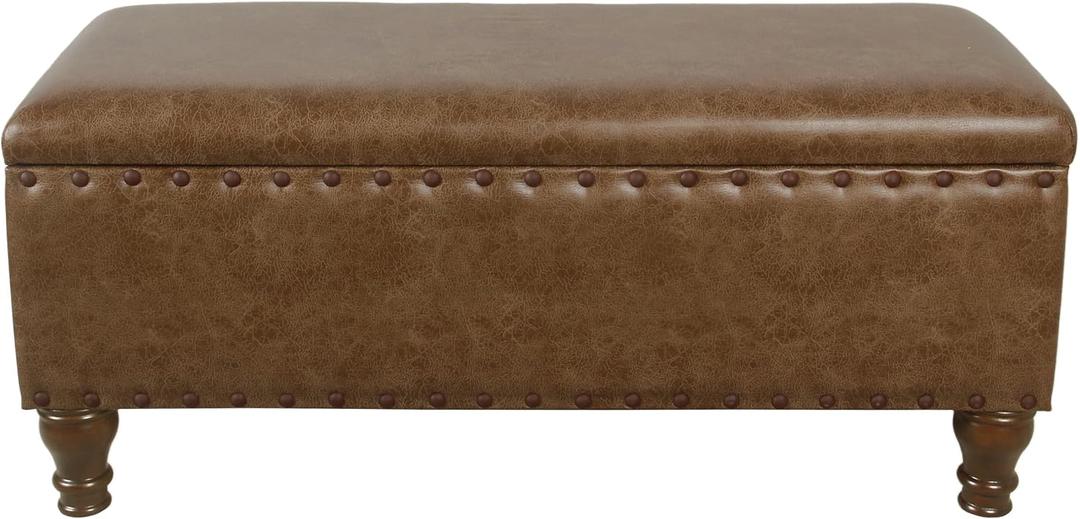 Homepop Home Decor | Upholstered Bench with Nailhead Trim | Large Faux Leather Ottoman with Storage for Living Room & Bedroom | Decorative Home Furniture, Brown Faux Leather, 18"D x 42"W x 18"H