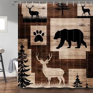Rustic Cabin Shower Curtain for Bathroom, Bear Deer Forest Wildlife Country Lodge Bath Curtains, Hunting Camping Animal Waterproof Fabric Bathroom Accessories Set, 47x64 inch with Hooks