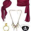 WooHand Pirate Costume Accessories Set: 5-Piece Pirate Head Scarf, Sash, Necklace, Eye Patch & Earring for Adults (Red)