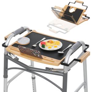 Walker Tray Table with Non-Slip Mat, Tray for Walkers for Seniors Foldable, Food Tray with Cup Holder, Walker Accessories,Bamboo Mobility Table Fits Most Standard Folding Walkers