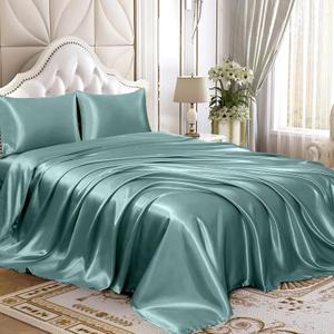 Homiest 4pcs Satin Sheets Set Luxury Silky Satin Bedding Set with Deep Pocket, 1 Fitted Sheet + 1 Flat Sheet + 2 Pillowcases (King Size, Greyish Green)