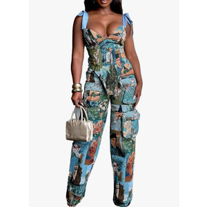 Molilove Sexy 2 Piece Sets for Women Pattern Print Sleeveless Crop Top and Wide Leg Pants with Pockets Soft Stretchy Outfits, S