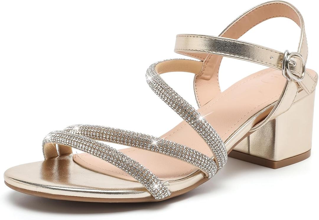 DADAWEN Women's Strappy Open Toe Rhinestone Low Block Chunky Heels Sandals Ankle Buckle Heeled Sandals Wedding Party Dress Pumps Shoes Size 41 (Gold)