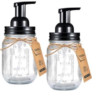 Amolliar Mason Jar Foaming Soap Dispenser, Plastic Pump Rustproof Stainless Steel Lid, Waterproof Label, Rustic Farmhouse Decor Hand Soap Dispenser, Dish Soap for Bathroom, Kitchen, Bath, Black 2 Pack