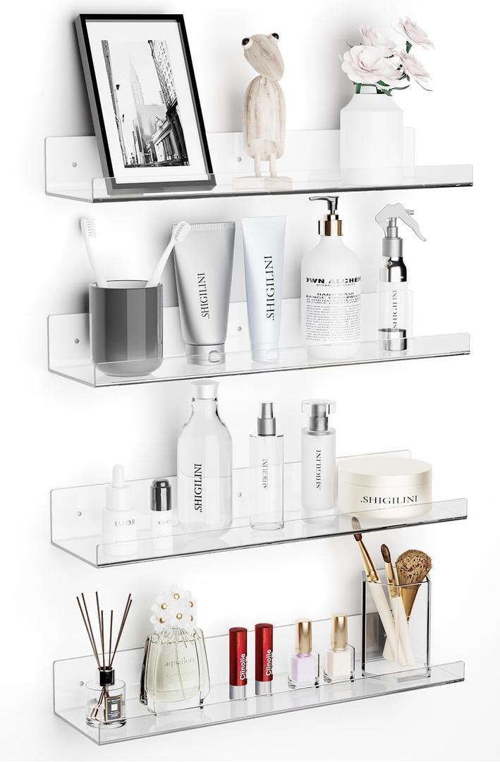 4 Pack Clear Acrylic Floating Shelves, 15"x4" Adhesive No Drill Wall Shelves | Dual-Mount (Adhesive or Screws) Waterproof Storage Bathroom Shelf Organizer for Kitchen, Living Room, Bedroom
