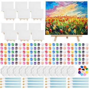 Qilery 12 Set Acrylic Paint Kit Mini Stretched Canvas with Easel, Acrylic Paints Strips, Brushes, Palette, Art Set for Adults Birthday Party Favors (8 x 10 Inch)