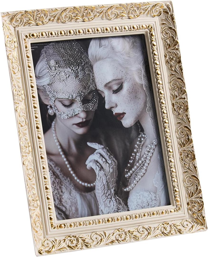 Ornate 5x7 Picture Frame for Best Gift, Sculptured Design Vintage Resin Photo Frame, Retro Hand-Crafted Hanging Frames with Easel, Hook & Mat for Table Top & Wall Gallery (White Gold)
