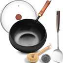 WANGYUANJI 9.5-Inch Wok Pan with Lid  Handmade Round Cooking Wok, Deep Frying Pan with Detachable Wooden Handle, No Chemical Coated Wok Flat Bottom for Induction & Gas Stoves