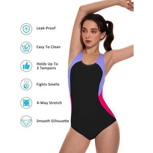 Beautikini Period Swimwear One Piece Leakproof Menstrual Swimsuit Racerback Color Block Bathing Suit for Teen Girls Women, M
