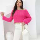 2025 Fall Cropped Sweater for Women Off The Shoulder Pullover Fluffy Knit Fashion Crop Top Holes Design (L)