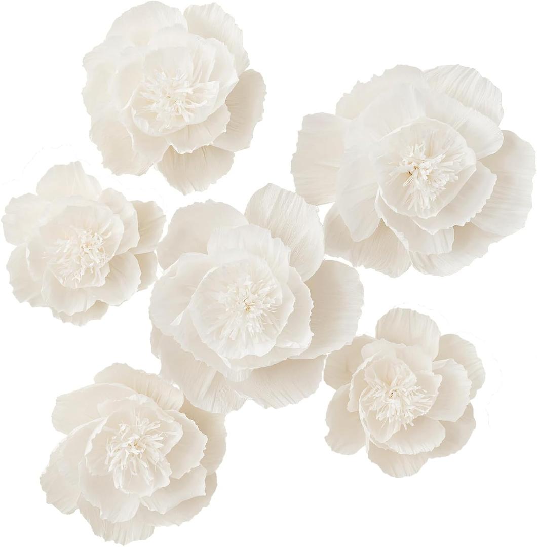 Crepe Paper Flowers Decoration for Wall, Artificial Flowers for Wedding Decor,Flower Backdrop Decor,Baby Shower,Birthday Party,Photo Backdrop,Archway Decor, Nursery Wall Decor(White,Set/6)