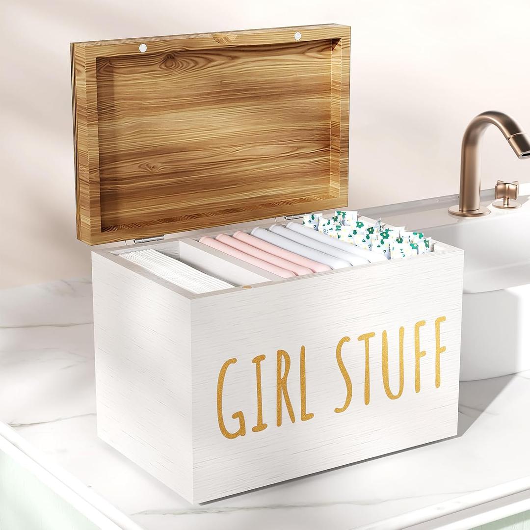 Tampon Holder for Bathroom with Hinged Lid, Feminine Product Organizer, Bathroom Period Products, Toilet Organizer, Bathroom Accessories Box for Girl Stuff (White)