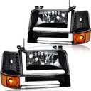 LED DRL Headlight Assembly, Headlights Kit Compatible with 1992-1996 Ford F150 F250 F350/1992-1996 Bronco Replacement Headlamp Black Housing Amber Reflector