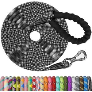 NTR 30FT Puppy Leash, Nylon Rope Long Dog Leash with Swivel Lockable Hook and Comfortable Padded Handle, Dog Line Tether for Small Medium Large Dogs Training, Playing, Camping, or Backyard (Black)