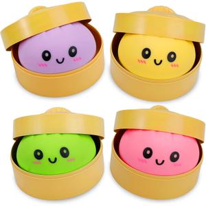 4 Pack Dumpling Squishy Stress Balls, Stress Relief Toys for Adults Boys Girls, Steamer Basket Design and Squeezable Bun with Cute Smile Face, Sensory Fidget Toys for Kids Party Favors Gifts