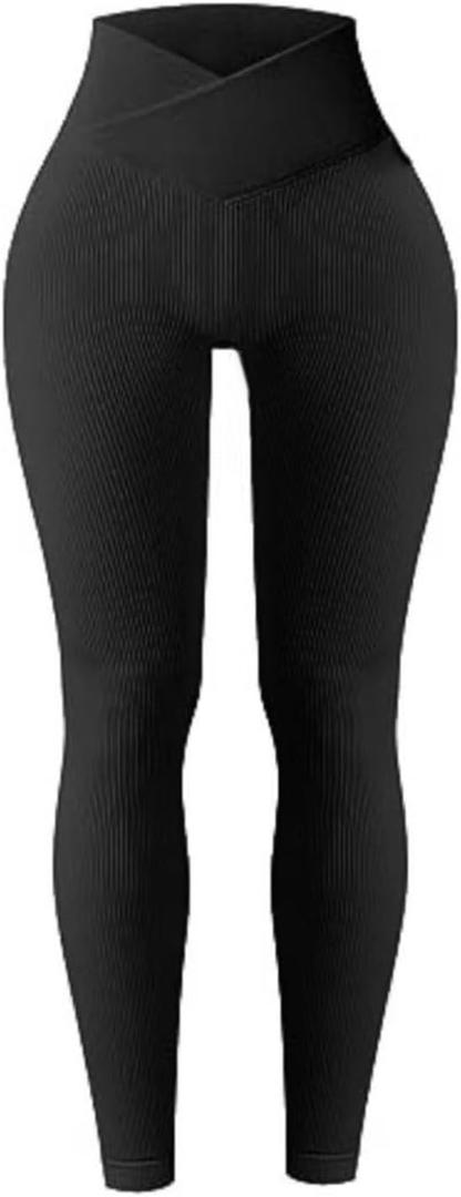 OQQ Women's  Yoga Leggings Ribbed Seamless Workout High Waist Cross Over Athletic Exercise Leggings (Medium, Black)