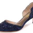 XYD Women's Pumps, Elegant Pointed Toe, D'Orsay Kitten Low Heels, Rhinestone Studs, Slip-On Satin Shoes for Wedding (10, Navy)