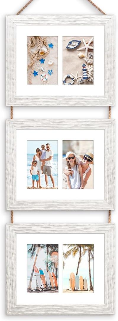8x10 Hanging Picture Frames with 6 Openings 4x6 Pictures, HD Real Glass 8x10 Wall Hanging Collage frames with Mat, Hemp Rope Multiple Photo Frames for Wall Decor (White, 1 Pack)