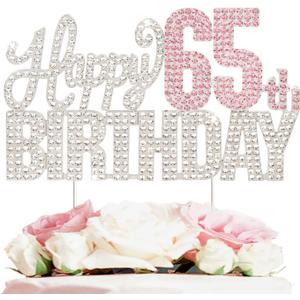 Happy 65th Birthday Silver & Pink Rhinestone Cake Topper - Cheers to 65 Years Old 65th Bday Metal Sparkly Cake Centerpieces Topper Decorations Sign.