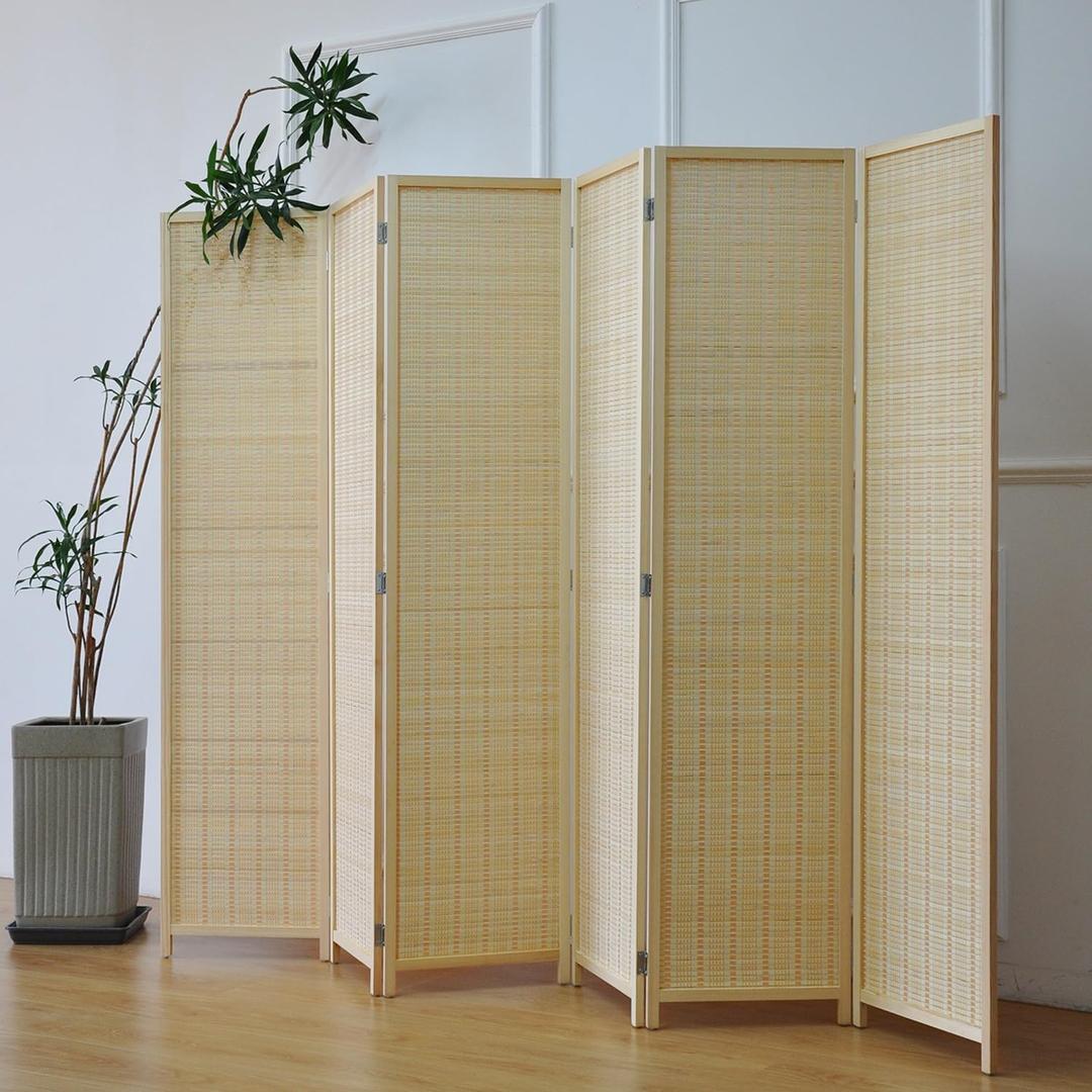 Furnnylane 6 Panel Bamboo Room Divider 5.6 ft Tall Folding Privacy Screen, Natural Beige Freestanding Room Partition Wall (67" H x 92.1" W, 6-Panel)