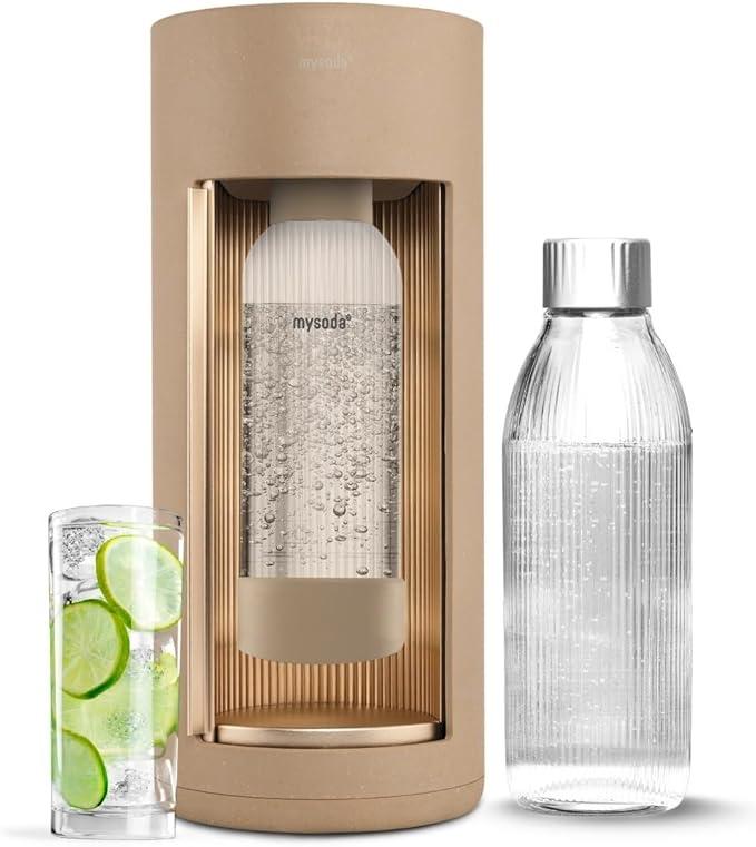 New Mysoda Glassy Design Sparkling Water Maker With 1L Glass & Plastic bottle - Silent Nordic Design Soda Maker Featuring A Sliding Door Opening - No Cylinder Included - Colour Latte