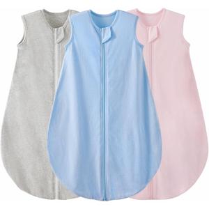 Duomiaomiao 3 Pack Baby Sleep Sack 100% Organic Cotton Lightweight Breathable Comfy Toddler Sleeping Sack (0.5tog Gray&Blue&Pink, Medium)