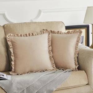GIGIZAZA Champange Decorative Throw Pillow Covers, 20x20 Velvet Ruffle Cushion Pillow Covers for Sofa Couch Set of 2 (Champagne)